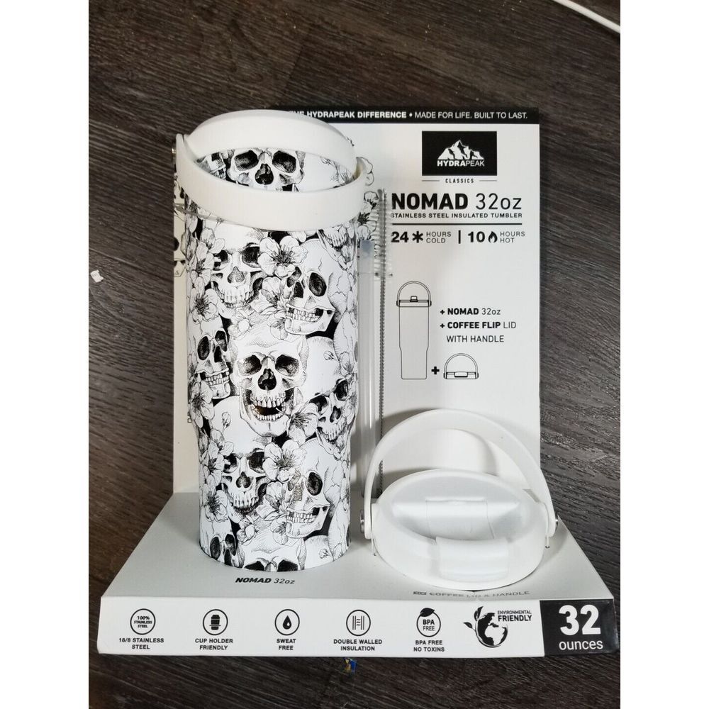 Hydrapeak White Skull Nomad 32 Oz Tumbler Coffee Flip Lid Handle Straw Halloween